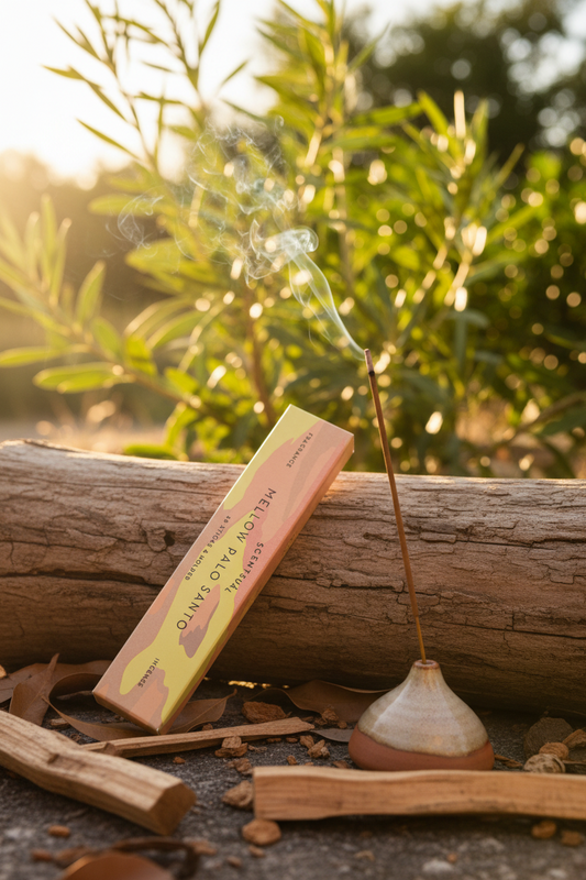 Incenso Giapponese Scentsual Mellow Palo Santo appoggiato su tronco con arbusti di palosanto e stick acceso