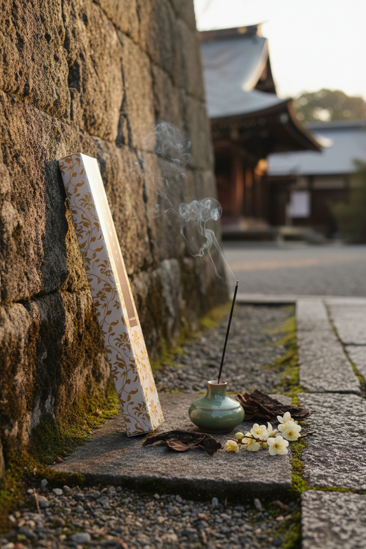Incenso Giapponese Nippon Kodo Kohden Sandalwood Sandalo con sfondo di un monastero giapponese - Erboristeria La Clessidra Carpi
