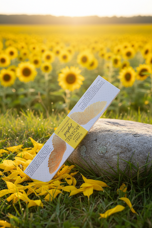 Incenso Indiano Goloka Arcangeli Arcangel Jophiel in un campo di girasoli sotto una luce solare caldissima - Erboristeria La Clessidra Carpi
