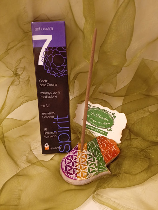 Incenso Dhanvantari Settimo Chakra Sahasrara confezione con bastoncino in portaincenso La Clessidra Carpi