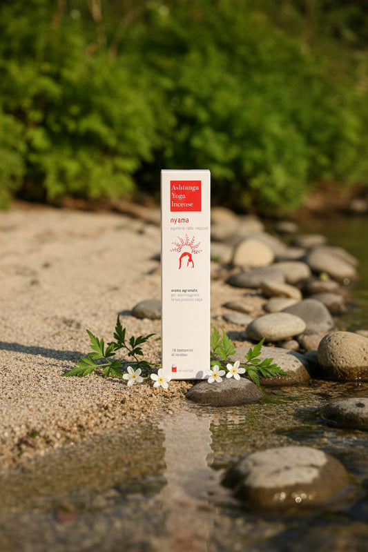 Astuccio incenso naturale Nyama Equilibrio nelle relazioni Dhanvantari linea Ashtanga Yoga vicino a torrente da Erboristeria La Clessidra Carpi