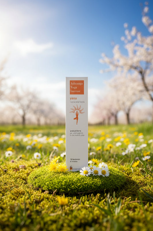 Astuccio incenso naturale Yama Ricerca della felicità Dhanvantari linea Ashtanga Yoga tra muschio e fiori da Erboristeria La Clessidra Carpi.