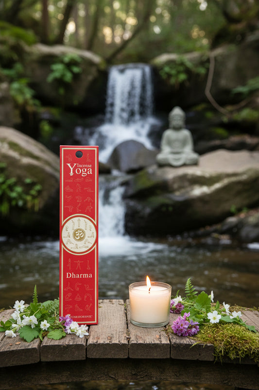 Confezione incenso naturale Dharma Fiore d'Oriente su ponticello di legno con candela, cascata e statua di Buddha