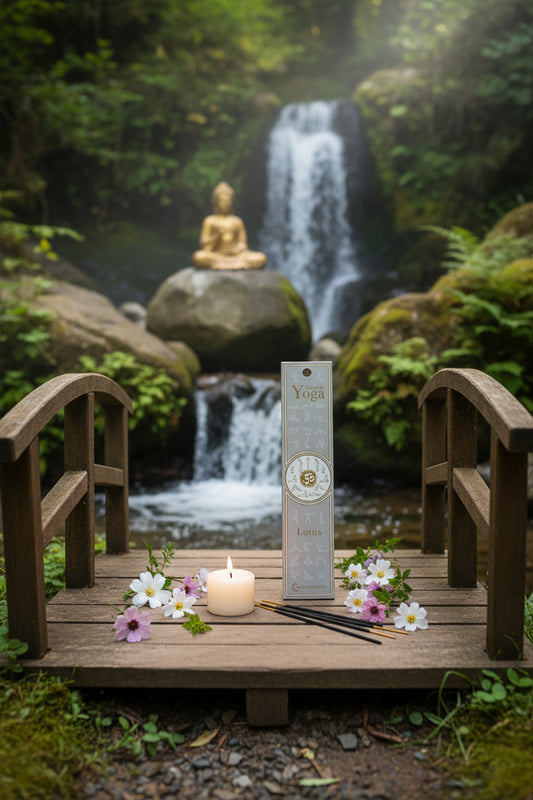 Confezione incenso naturale Lotus Fiore d'Oriente esposta su ponticello in legno con acqua corrente, candela e Buddha in pietra