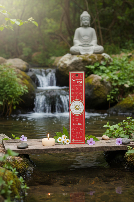 Confezione incenso naturale Mudra Fiore d'Oriente su ponticello di legno con candela, cascata e statua di Buddha