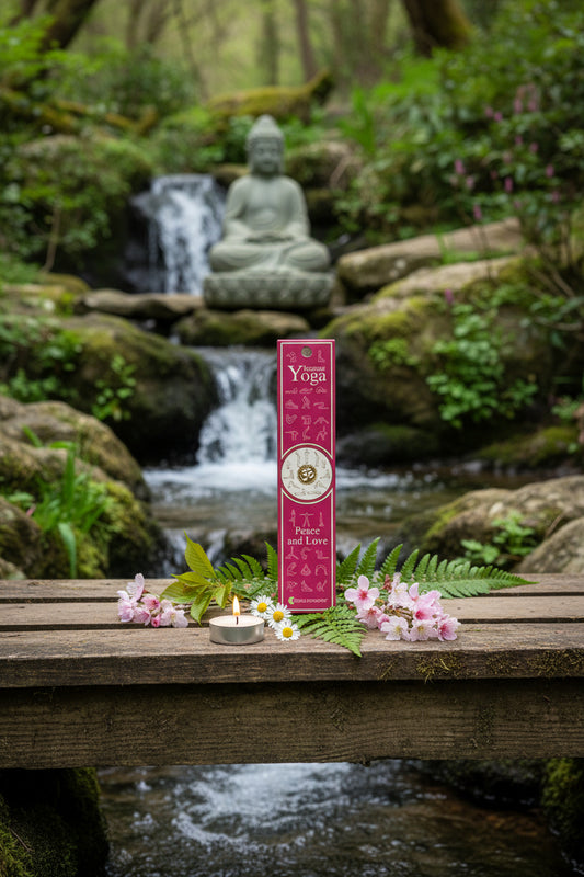 Confezione incenso naturale Peace and Love Fiore d'Oriente su ponticello di legno con candela, cascata e statua di Buddha La Clessidra Carpi