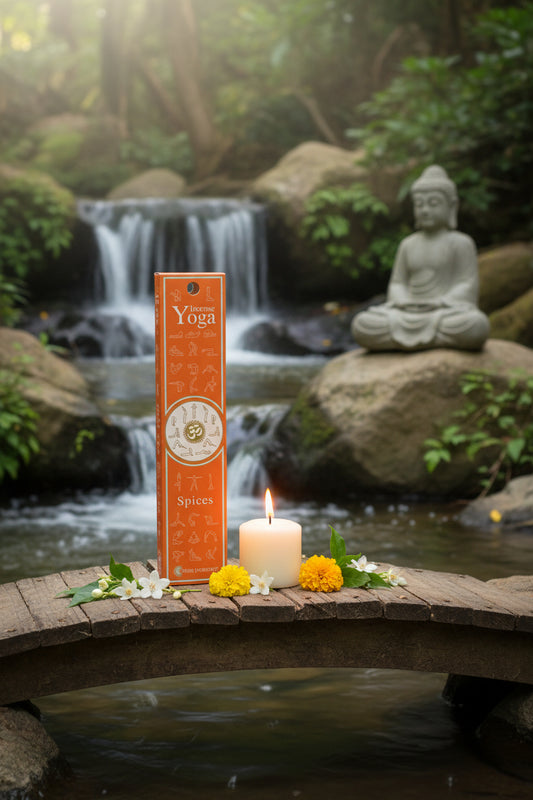 Confezione incenso naturale Spices Fiore d'Oriente esposta vicino a una statua di Buddha in pietra con candela accesa e piccola cascata.