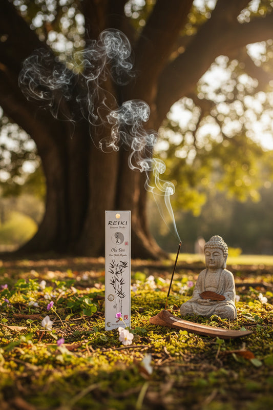 Incenso Reiki Oku Den Fiore d'Oriente con statuetta budda sotto un grande albero - Erboristeria La Clessidra Carpi