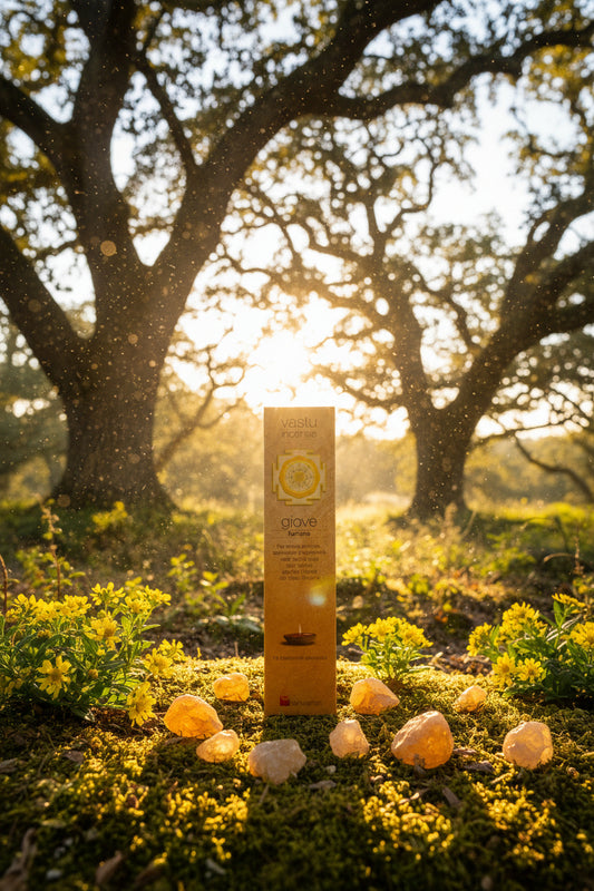 Astuccio incenso naturale Giove Energia Dhanvantari linea Vastu tra quarzo citrino e fiori gialli sotto albero da Erboristeria La Clessidra Carpi