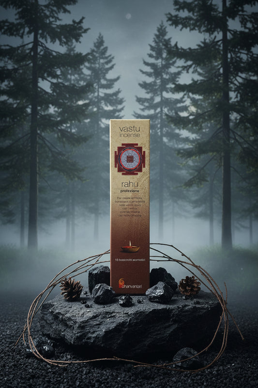 Astuccio di incenso naturale Rahu Protezione Dhanvantari linea Vastu tra tormalina nera e legni nella foresta da Erboristeria La Clessidra Carpi.