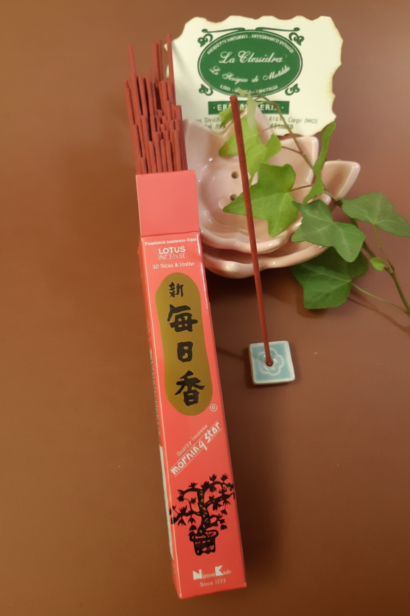 Incenso Giapponese Morning Star Lotus Loto scatola aperta che mostrano gli stick Erboristeria La Clessidra Carpi