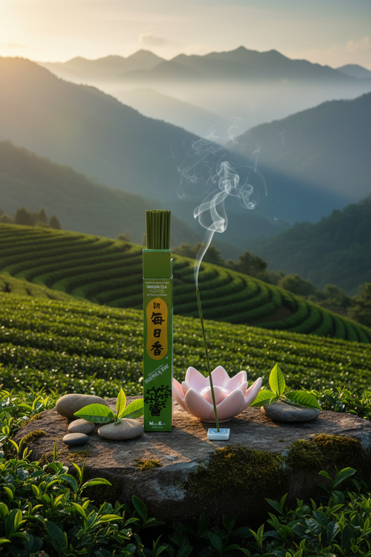 Incenso Giapponese Morning Star Green Tea The Verde scatola con uno stick acceso sullo sfondo di un campo di te verde Erboristeria La Clessidra Carpi