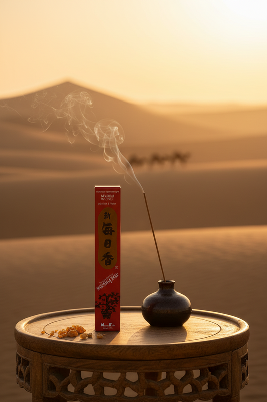 Incenso Giapponese Morning Star Myrrh Mirra stick acceso con sfondo sul deserto Erboristeria La Cessidra Carpi