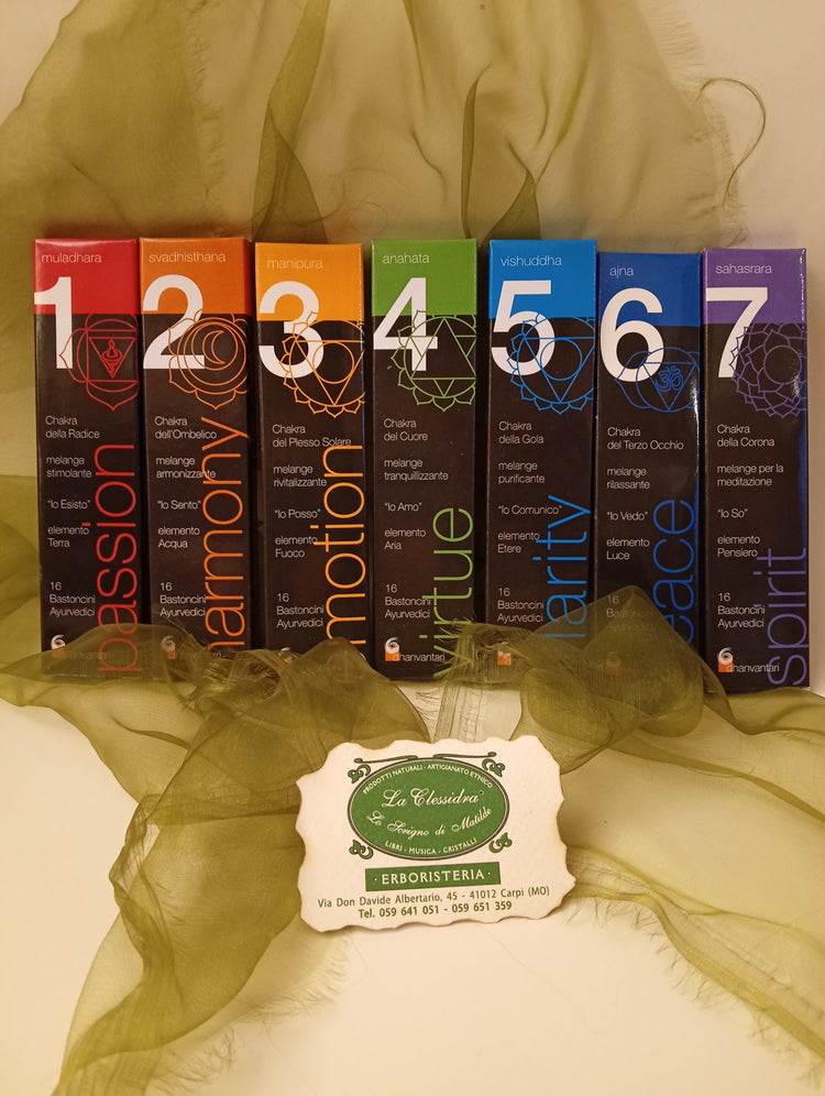 Foto collezione incensi ayurvedici Chakra Dhanvantari e biglietto da visita erboristeria La Clessidra Carpi