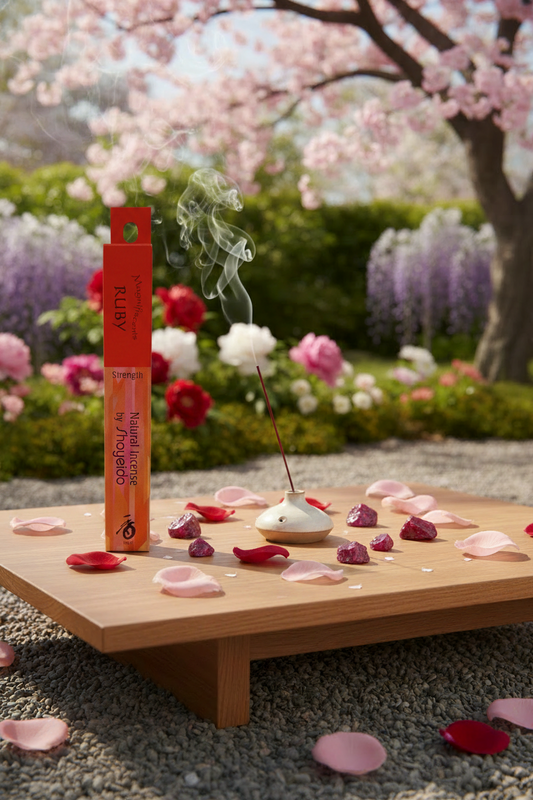 Incenso Giapponese Magnifiscients Ruby Rubino immerso in un giardino fiorito rilassante e romantico Erboristeria La Clessidra Carpi