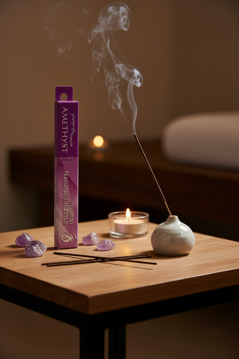Incenso Giapponese Magnifiscients Amethyst atmosfera rilassante e zen in una spa con pezzi di ametista intorno Erboristeria La Clessidra Carpi