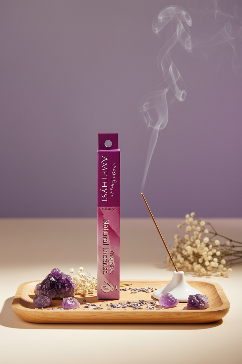 Incenso Giapponese Magnifiscients Amethyst Ametista incenso acceso con atmosfera zen Erboristeria La Clessidra Carpi
