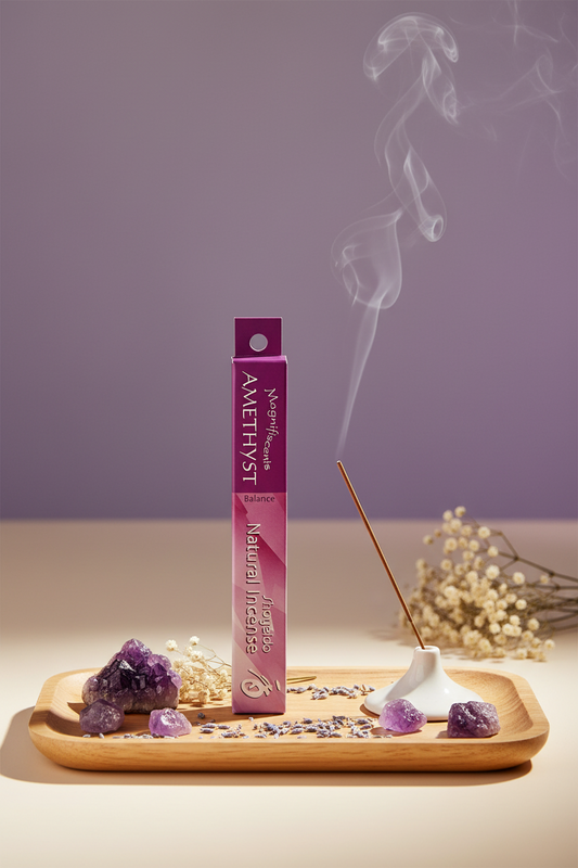 Incenso Giapponese Magnifiscients Amethyst Ametista incenso acceso con atmosfera zen Erboristeria La Clessidra Carpi