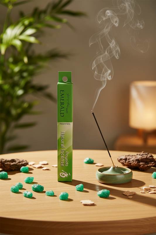 Incenso Giapponese Magnifiscients Emerald incenso in un ambiente rilassante con atmosfera zen e pezzi di smeraldo intorno Erboristeria La Clessidra Carpi