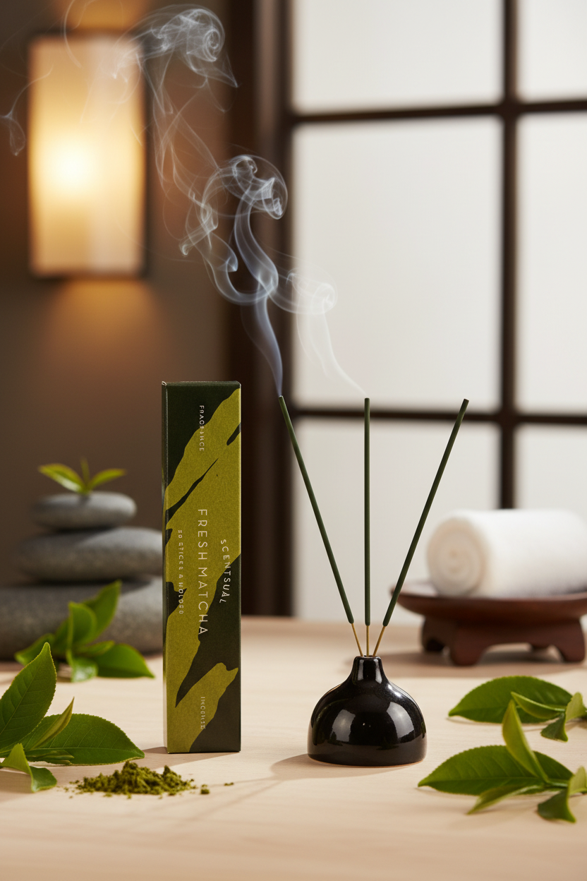 Incenso Giapponese Nippon Kodo Scentsual Fresch Matcha The Verde con stick accesi in una spa - Erboristeria La Clessidra Carpi