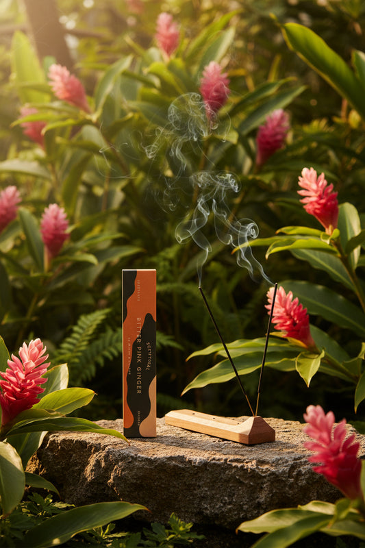 Incenso Giapponese Nippon Kodo Scentsual Bitter Pink Ginger Zenzero Rosa Piccante con stick acceso in un giardino di zenzero in fiore - Erboristeria La Clessidra Carpi un 