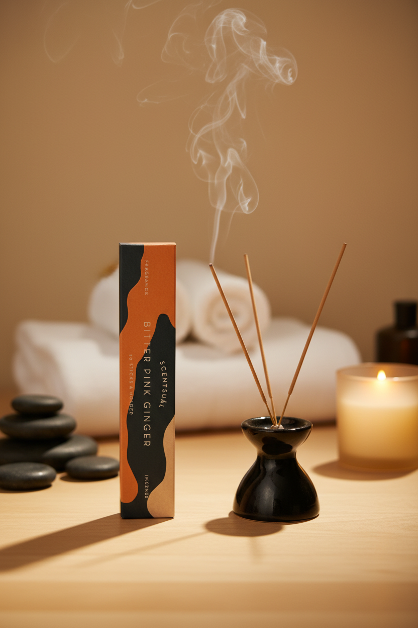 Incenso Giapponese Nippon Kodo Scentsual Bitter Pink Ginger Zenzero Rosa Piccante con stick acceso in una spa - Erboristeria La Clessidra Carpi