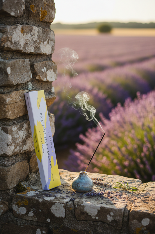 Incenso Giapponese Scentsual Brilliant Blue Lavander Lavanda  su muretto con campo fiorito di lavanda alle spalle Erboristeria La Clessidra Carpi