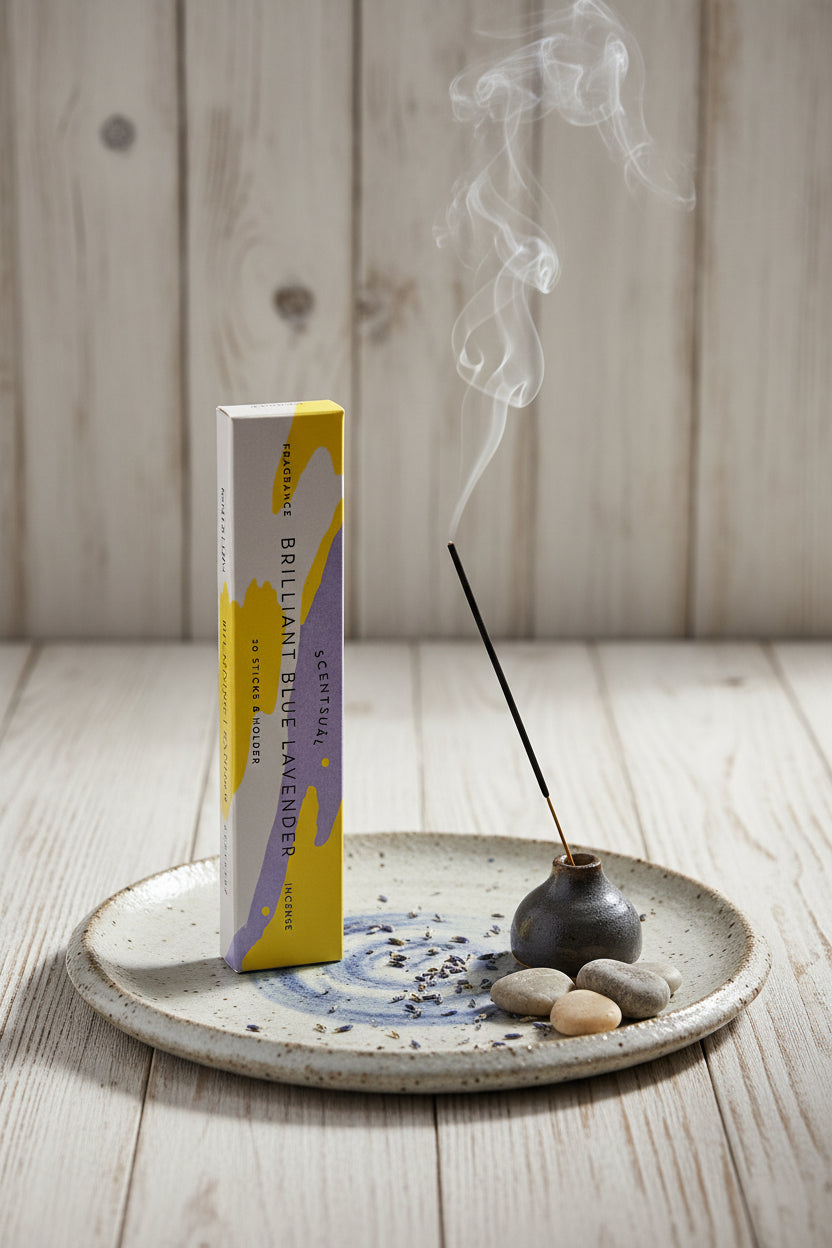 Incenso Giapponese Scentsual Brilliant Blue Lavander Lavanda acceso su ceramica e sfondo legno sbiancato - Erboristeria La Clessidra Carpi