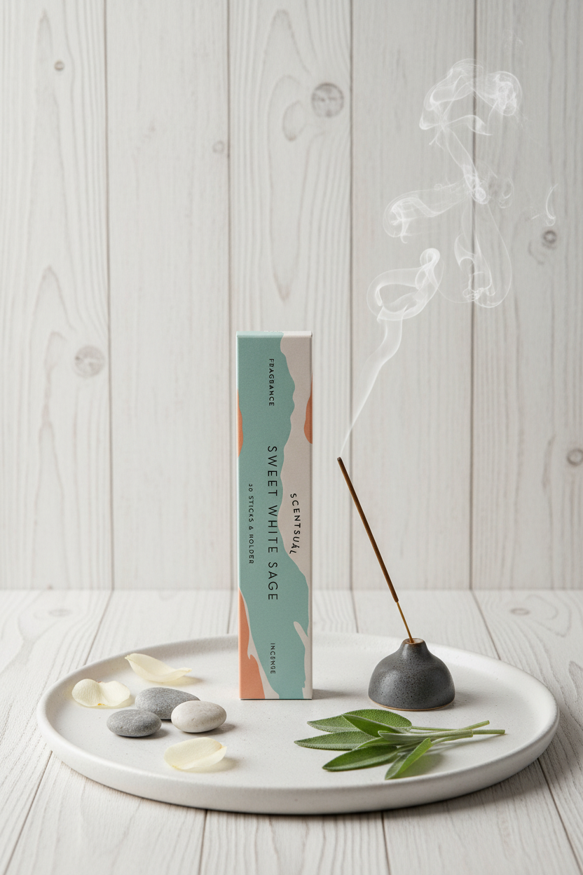 Incenso Giapponese Nippon Kodo Scentsual Sweet White Sage Salvia Bianca acceso su ceramica e sfondo legno sbiancato - Erboristeria La Clessidra Carpi
