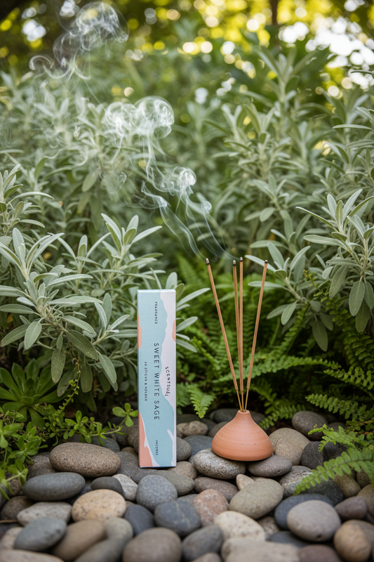 Incenso Giapponese Nippon Kodo Scentsual Sweet White Sage Salvia Bianca con stick accesi in un orto botanico di salvia Erboristera La Clessidra