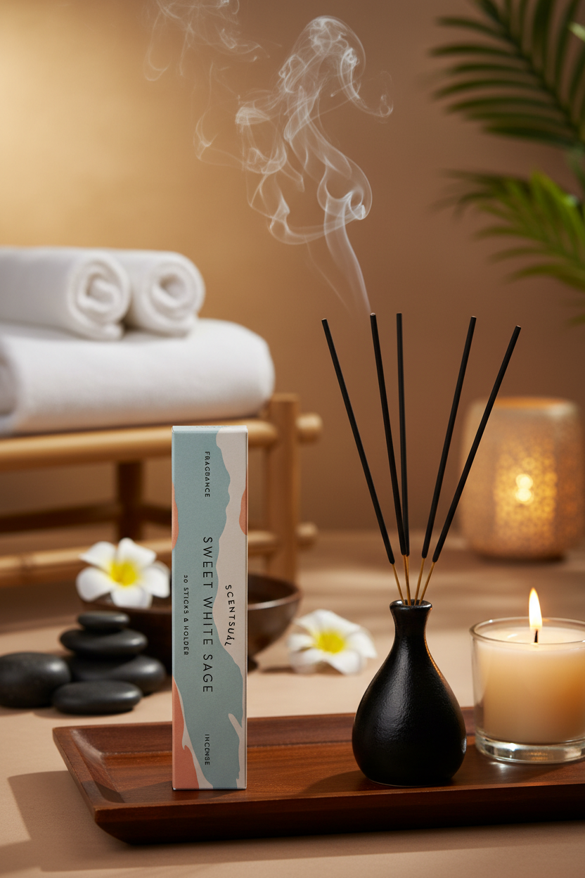 Incenso Giapponese Nippon Kodo Scentsual Sweet White Sage Salvia Bianca con stick accesi in una spa Erboristeria La Clessidra Carpi