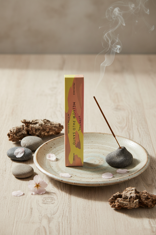 Incenso Giapponese Scentsual Mellow Palo Santo acceso su ceramica e sfondo legno sbiancato - Erboristeria La Clessidra Carpi