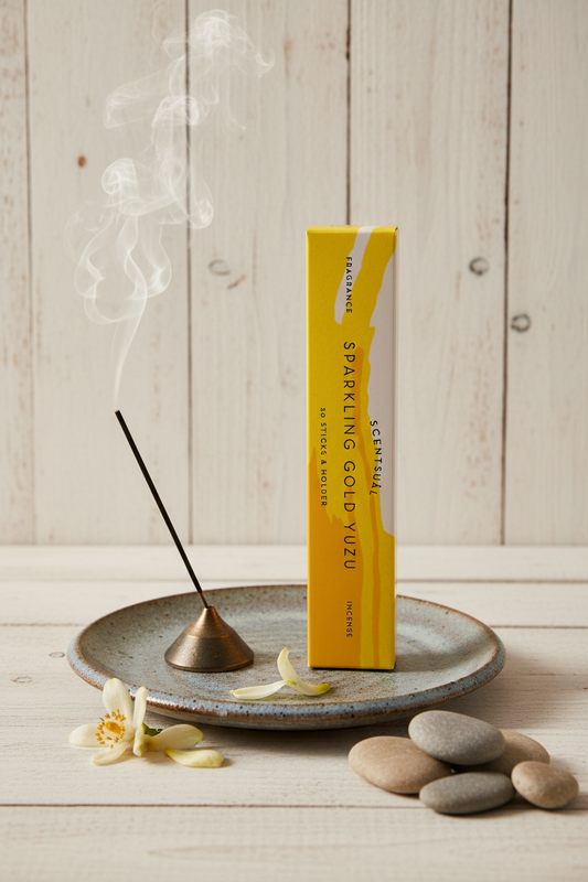 Incenso Giapponese Nippon Kodo Scentsual Sparkling Gold Yuzu Oro Scintillante acceso su ceramica e sfondo legno sbiancato - Erboristeria La Clessidra Carpi
