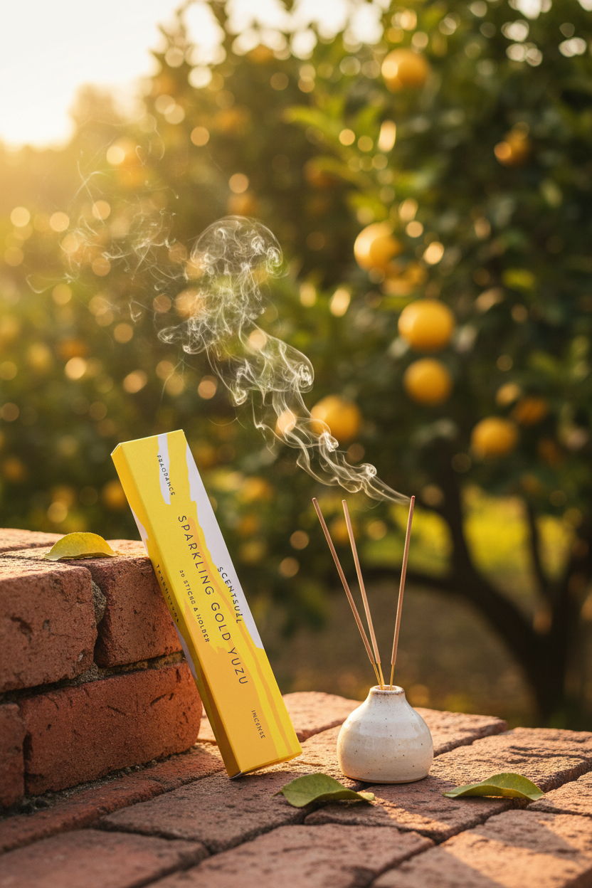 Incenso Giapponese  Scentsual  Sparkling Gold Yuzu su muretto con coltivazione di limoni rugosi sullo sfondo Erboristeria La Clessidra Carpi
