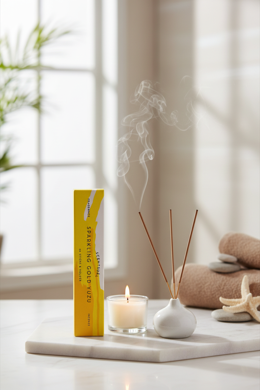 Incenso Giapponese  Scentsual  Sparkling Gold Yuzu in ambiente rilassante olistico con candela e stik accesi Erboristeria La Clessidr Carpi