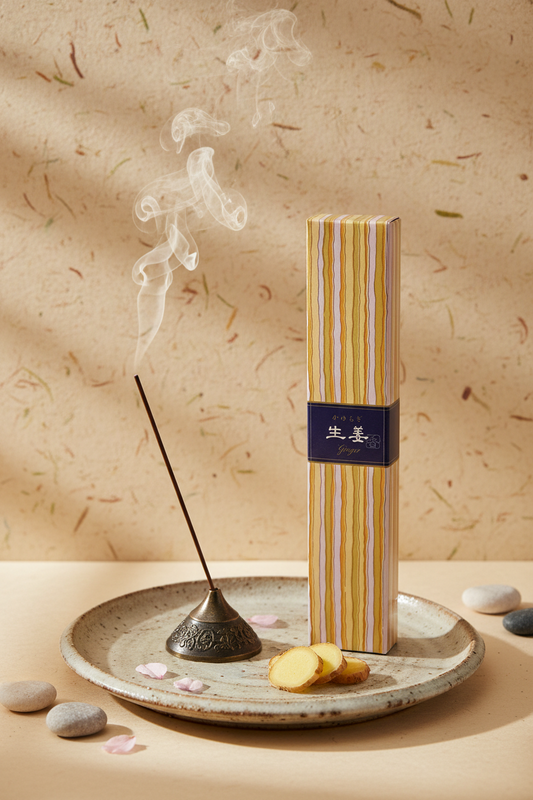 Incenso Giapponese Nippon Kodo Kayuragi Ginger Zenzero acceso su ceramica e sfondo carta di riso - Erboristeria La Clessidra Carpi
