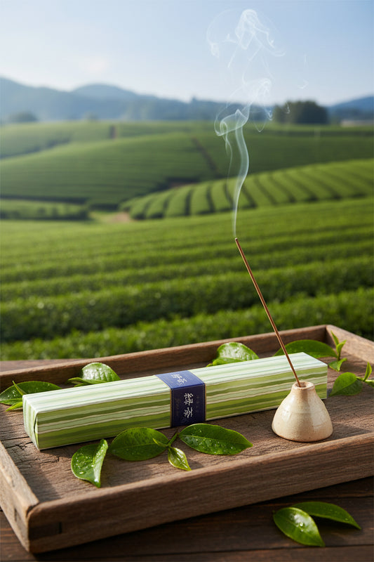 Incenso Giapponese Nippon Kodo Kayuragi Green Tea Te Verde in una piantagione collinare con foglie fresche - Erboristeria La Clessidra Carpi