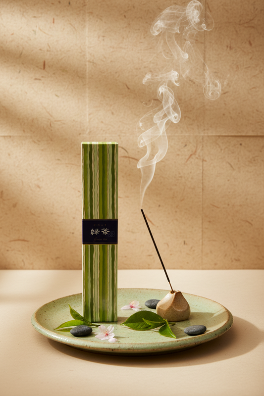Incenso Giapponese Nippon Kodo Kayuragi Green Tea Te Verde acceso su ceramica e sfondo carta di riso - Erboristeria La Clessidra Carpi