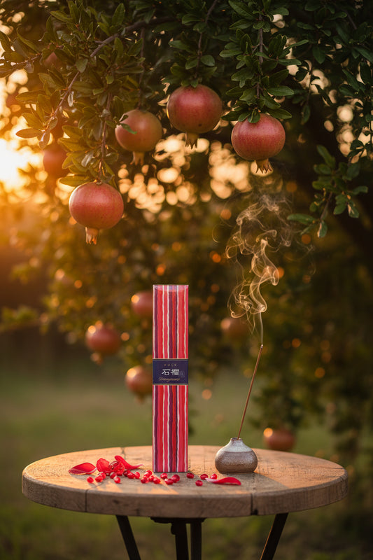 Incenso Giapponese Nippon Kodo Kayuragi Pomegranate Melograno con stick acceso in un frutteto di melograno e chicchi rossi sparsi - Erboristeria La Clessidra Carpi