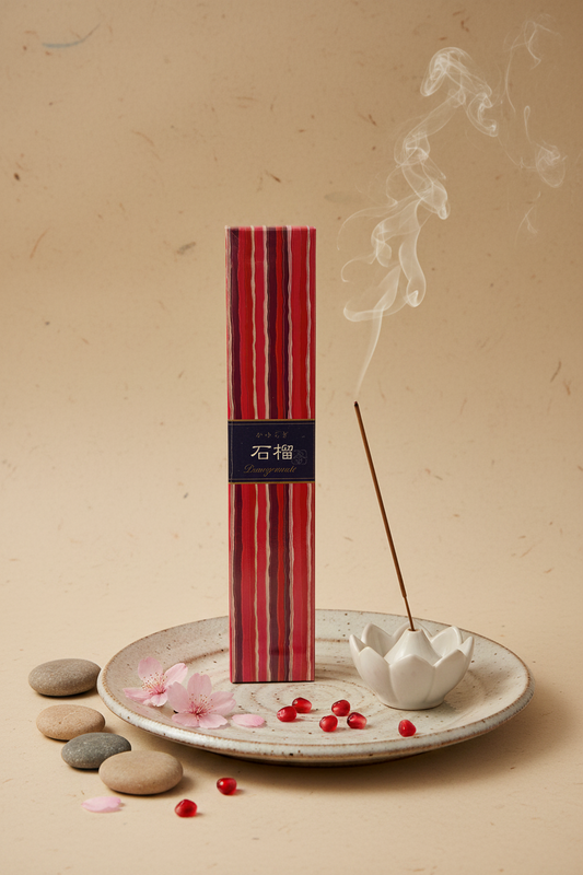 Incenso Giapponese Nippon Kodo Kayuragi Pomegranate Melograno acceso su ceramica e sfondo carta di riso - Erboristeria La Clessidra Carpi