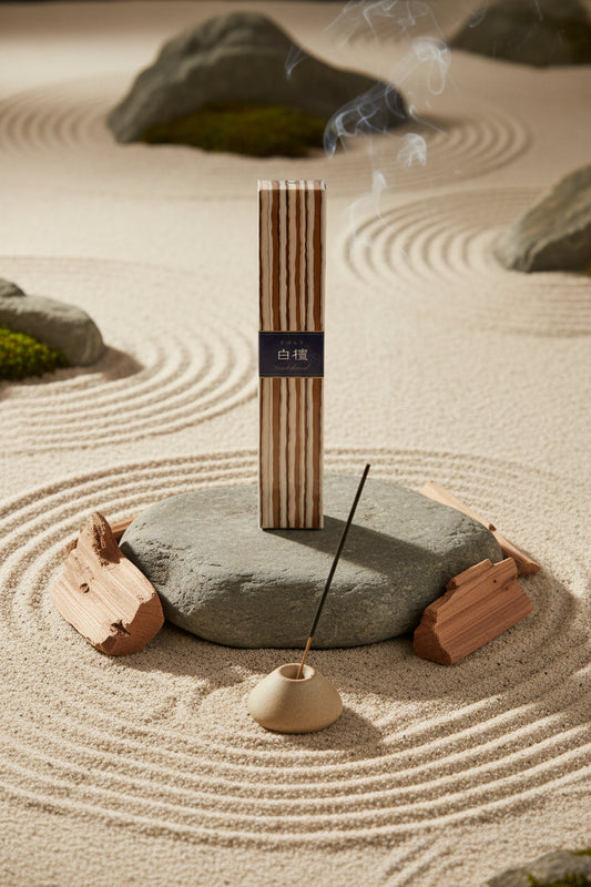 Incenso Giapponese Nippon Kodo Kayuragi Sandalwood Sandalo in giardino zen con roccia e legno grezzo - Erboristeria La Clessidra Carpi