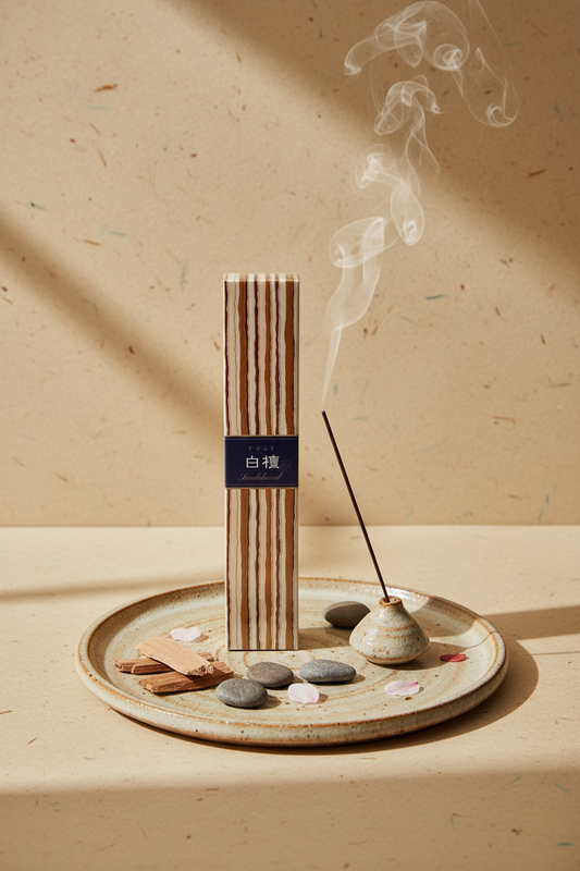 Incenso Giapponese Nippon Kodo Kayuragi Sandalwood Sandalo acceso su ceramica e sfondo carta di riso - Erboristeria La Clessidra Carpi