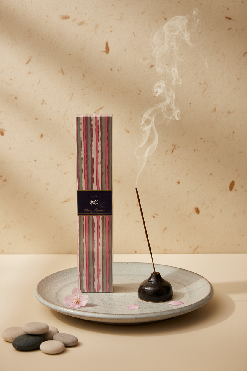 Incenso Giapponese Nippon Kodo Kayuragi Cherry Blossom Fiore di Ciliegio acceso su ceramica e sfondo carta di riso - Erboristeria La Clessidra Carpi