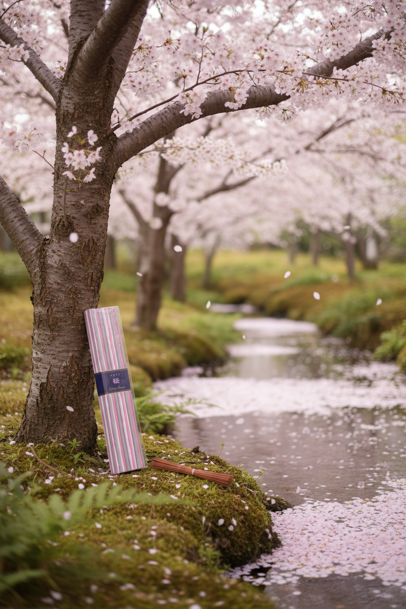 Incenso Giapponese Nippon Kodo Kayuragi Cherry Blossom Fiore di Ciliegio sul bordo di un torrente contro un tronco in fiore - Erboristeria La Clessidra Carpi