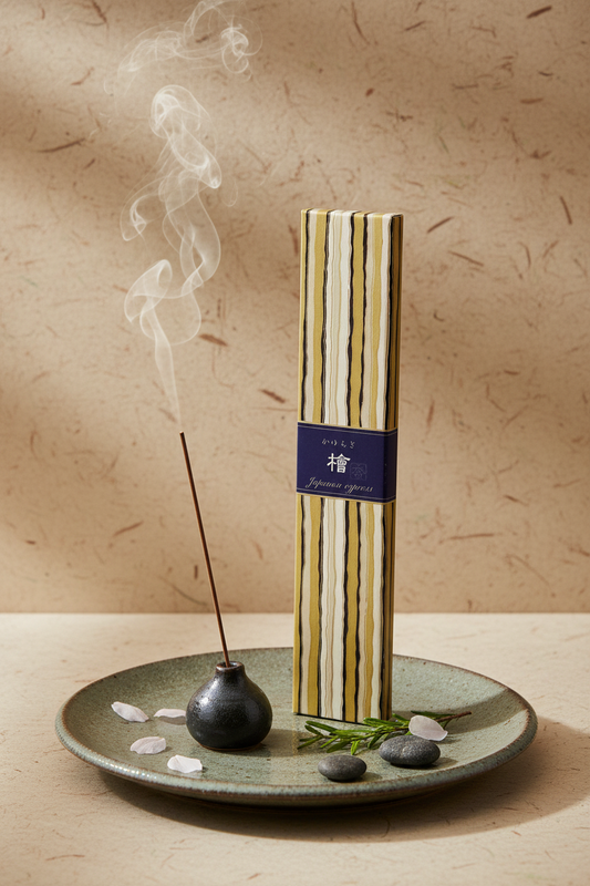 Incenso Giapponese Nippon Kodo Kayuragi Japanese Cypress Cipresso Giapponese acceso su ceramica e sfondo carta di riso - Erboristeria La Clessidra Carpi