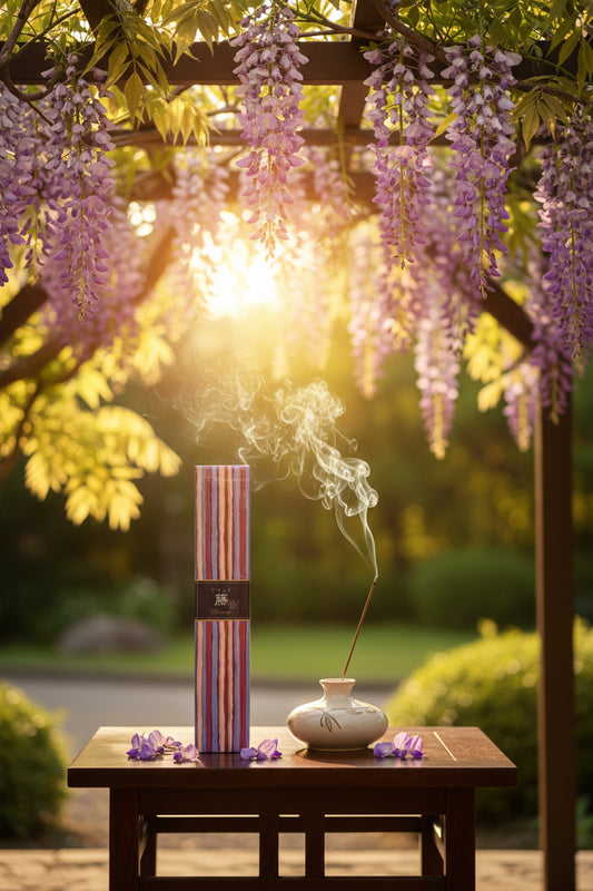 Incenso Giapponese Nippon Kodo Kayuragi Wisteria Glicine sotto un pergolato con grappoli di fiori viola - Erboristeria La Clessidra Carpi