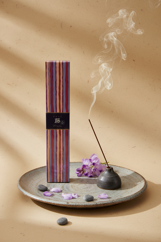Incenso Giapponese Nippon Kodo Kayuragi Wisteria Glicine acceso su ceramica e sfondo carta di riso - Erboristeria La Clessidra Carpi