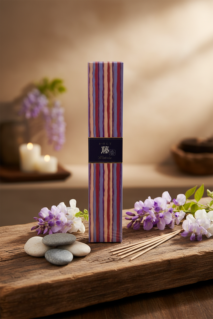 Incenso Giapponese Nippon Kodo Kayuragi Wisteria Glicine con stick visibili e fiori di glicine sparsi - Erboristeria La Clessidra Carpi