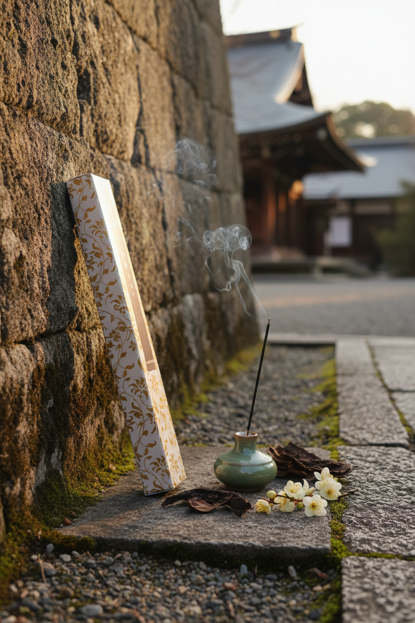 Incenso Giapponese Nippon Kodo Kohden Sandalwood Sandalo con sfondo di un monastero giapponese - Erboristeria La Clessidra Carpi