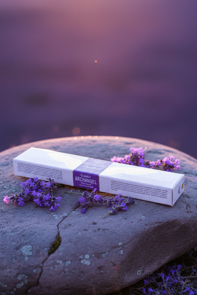 Incenso Indiano Goloka Arcangeli Arcangel Zadkiel su una roccia all aperto circondato da fiori viola al crepuscolo - Erboristeria La Clessidra Carpi